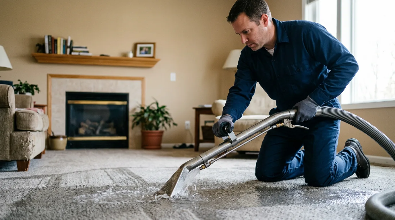 Water damage restoration technician working in a home in Rhode Island